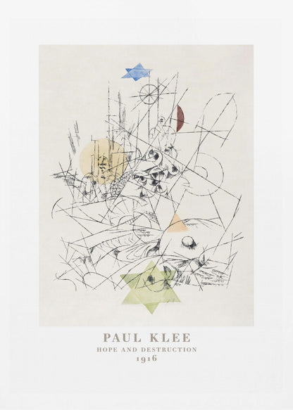 A framed art print of Paul Klee's 1916 work, 'Hope and Destruction.' The artwork is a complex abstract composition with a tangle of black lines on a cream background, featuring colored geometric shapes like a blue and a green Star of David, and circles in yellow and red. Poster