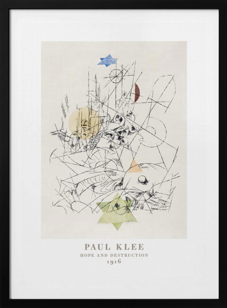 A framed art print of Paul Klee's 1916 work, 'Hope and Destruction.' The artwork is a complex abstract composition with a tangle of black lines on a cream background, featuring colored geometric shapes like a blue and a green Star of David, and circles in yellow and red. Poster