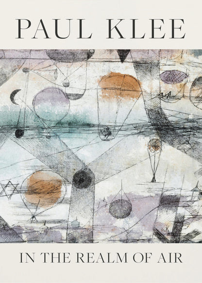 A framed art poster of Paul Klee's painting 'In the Realm of Air'. The abstract artwork features a whimsical scene with floating orbs and balloon-like shapes in muted watercolor tones of blue, orange, and purple, overlaid with intricate black ink linework. The artist's name is at the top and the title is at the bottom in a simple serif font on a cream-colored border. Decor