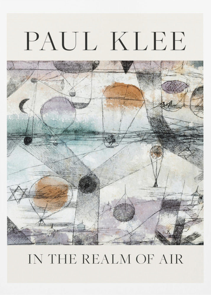 A framed art poster of Paul Klee's painting 'In the Realm of Air'. The abstract artwork features a whimsical scene with floating orbs and balloon-like shapes in muted watercolor tones of blue, orange, and purple, overlaid with intricate black ink linework. The artist's name is at the top and the title is at the bottom in a simple serif font on a cream-colored border. Decor