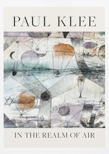 A framed art poster of Paul Klee's painting 'In the Realm of Air'. The abstract artwork features a whimsical scene with floating orbs and balloon-like shapes in muted watercolor tones of blue, orange, and purple, overlaid with intricate black ink linework. The artist's name is at the top and the title is at the bottom in a simple serif font on a cream-colored border. Decor