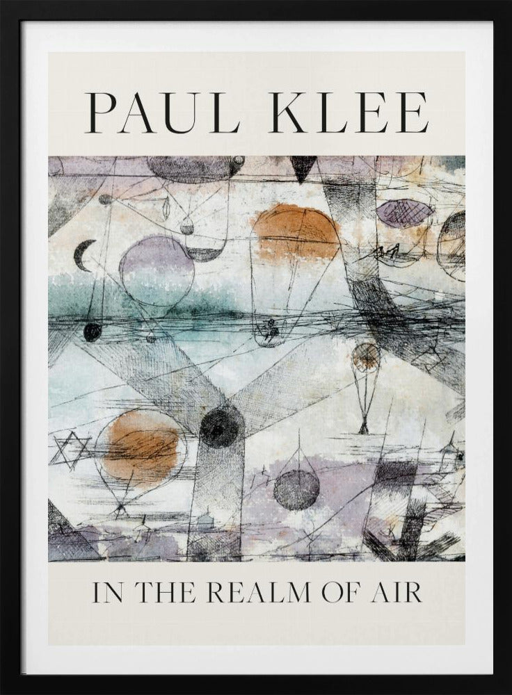 A framed art poster of Paul Klee's painting 'In the Realm of Air'. The abstract artwork features a whimsical scene with floating orbs and balloon-like shapes in muted watercolor tones of blue, orange, and purple, overlaid with intricate black ink linework. The artist's name is at the top and the title is at the bottom in a simple serif font on a cream-colored border. Decor