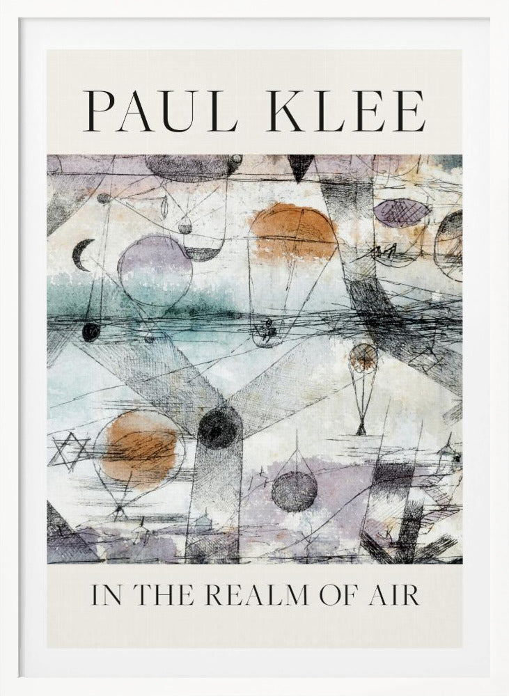 A framed art poster of Paul Klee's painting 'In the Realm of Air'. The abstract artwork features a whimsical scene with floating orbs and balloon-like shapes in muted watercolor tones of blue, orange, and purple, overlaid with intricate black ink linework. The artist's name is at the top and the title is at the bottom in a simple serif font on a cream-colored border. Decor