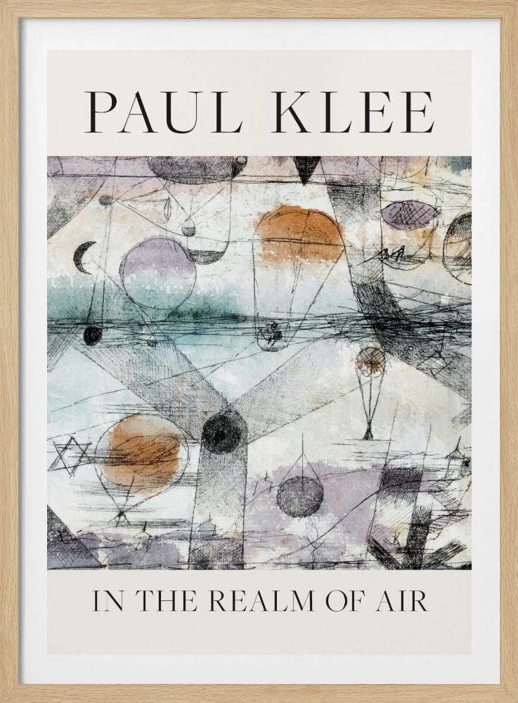 A framed art poster of Paul Klee's painting 'In the Realm of Air'. The abstract artwork features a whimsical scene with floating orbs and balloon-like shapes in muted watercolor tones of blue, orange, and purple, overlaid with intricate black ink linework. The artist's name is at the top and the title is at the bottom in a simple serif font on a cream-colored border. Decor