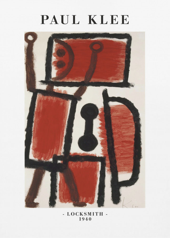 A framed art print of Paul Klee's 1940 painting 'Locksmith'. The abstract artwork features a composition of thick black lines and blocks of red and brown paint on a cream background, resembling a figure. The poster includes the text 'PAUL KLEE' at the top and '- LOCKSMITH - 1940' at the bottom. Artwork