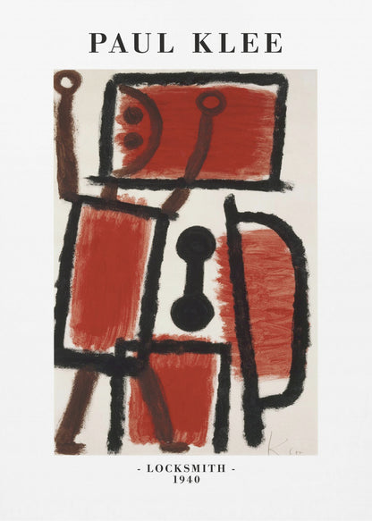 A framed art print of Paul Klee's 1940 painting 'Locksmith'. The abstract artwork features a composition of thick black lines and blocks of red and brown paint on a cream background, resembling a figure. The poster includes the text 'PAUL KLEE' at the top and '- LOCKSMITH - 1940' at the bottom. Artwork