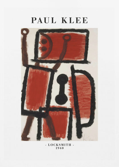 A framed art print of Paul Klee's 1940 painting 'Locksmith'. The abstract artwork features a composition of thick black lines and blocks of red and brown paint on a cream background, resembling a figure. The poster includes the text 'PAUL KLEE' at the top and '- LOCKSMITH - 1940' at the bottom. Artwork