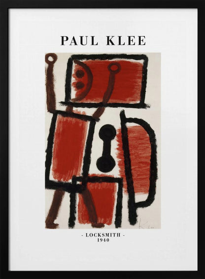 A framed art print of Paul Klee's 1940 painting 'Locksmith'. The abstract artwork features a composition of thick black lines and blocks of red and brown paint on a cream background, resembling a figure. The poster includes the text 'PAUL KLEE' at the top and '- LOCKSMITH - 1940' at the bottom. Artwork