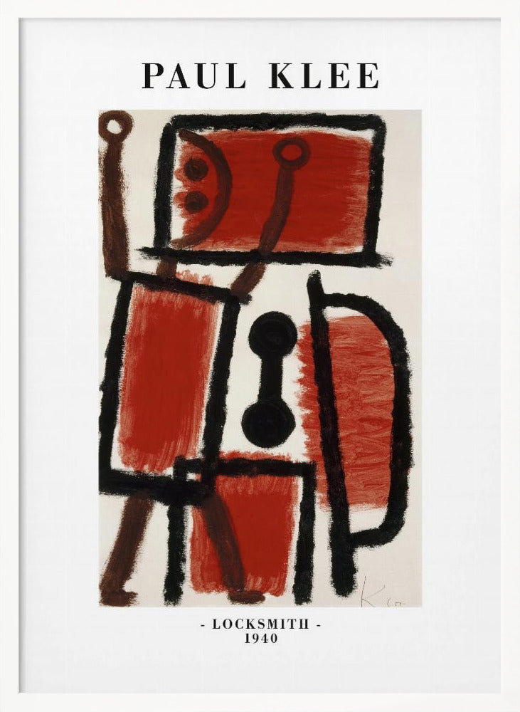A framed art print of Paul Klee's 1940 painting 'Locksmith'. The abstract artwork features a composition of thick black lines and blocks of red and brown paint on a cream background, resembling a figure. The poster includes the text 'PAUL KLEE' at the top and '- LOCKSMITH - 1940' at the bottom. Artwork