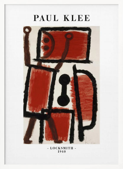 A framed art print of Paul Klee's 1940 painting 'Locksmith'. The abstract artwork features a composition of thick black lines and blocks of red and brown paint on a cream background, resembling a figure. The poster includes the text 'PAUL KLEE' at the top and '- LOCKSMITH - 1940' at the bottom. Artwork