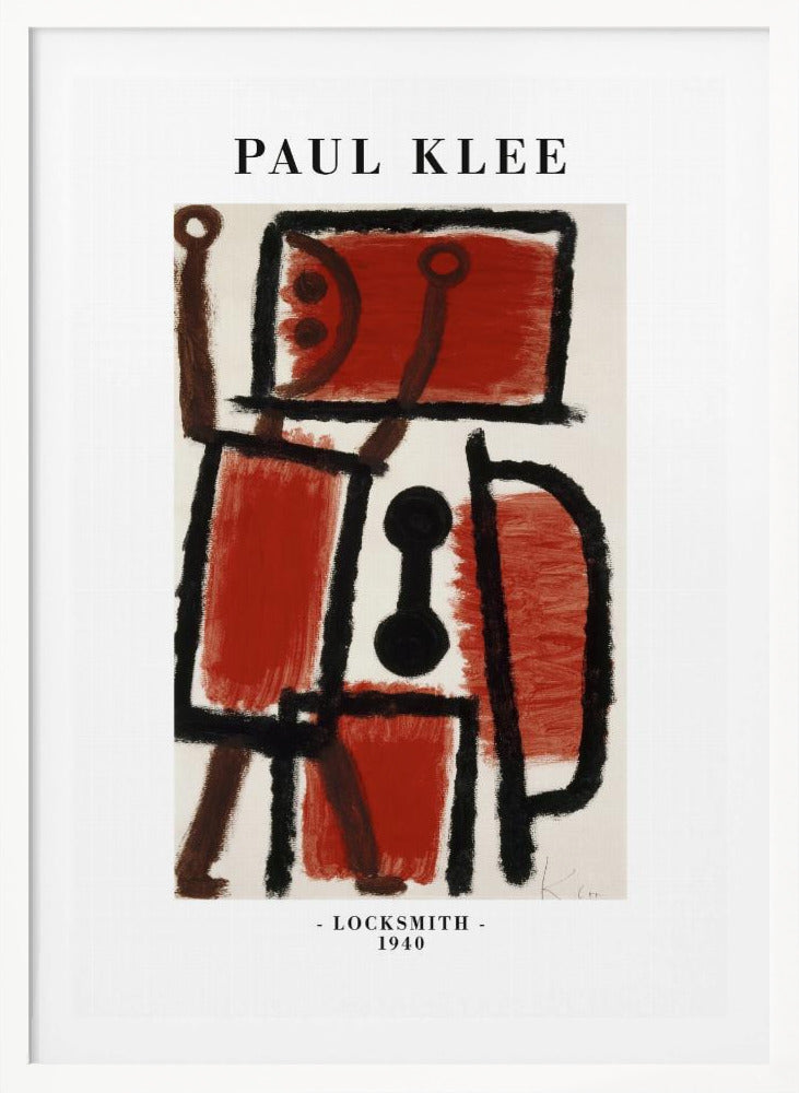 A framed art print of Paul Klee's 1940 painting 'Locksmith'. The abstract artwork features a composition of thick black lines and blocks of red and brown paint on a cream background, resembling a figure. The poster includes the text 'PAUL KLEE' at the top and '- LOCKSMITH - 1940' at the bottom. Artwork