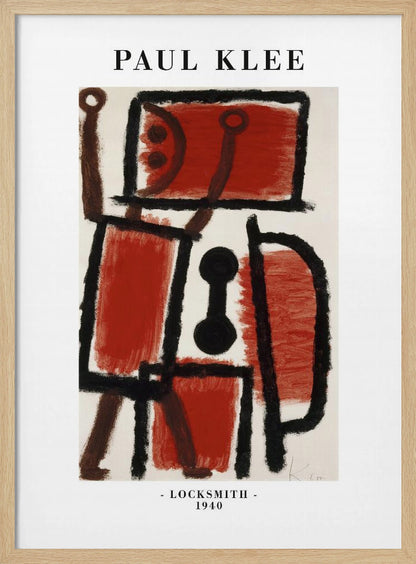 A framed art print of Paul Klee's 1940 painting 'Locksmith'. The abstract artwork features a composition of thick black lines and blocks of red and brown paint on a cream background, resembling a figure. The poster includes the text 'PAUL KLEE' at the top and '- LOCKSMITH - 1940' at the bottom. Artwork