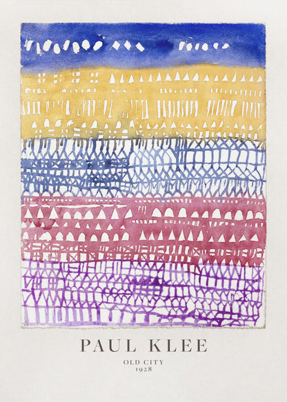 A framed art print of Paul Klee's 1928 watercolor painting 'Old City.' The abstract piece features horizontal bands of color, from top to bottom: a dark blue sky, a yellow section with building-like patterns, and layers of intricate lattice-like designs in blue, magenta, and purple. Artwork