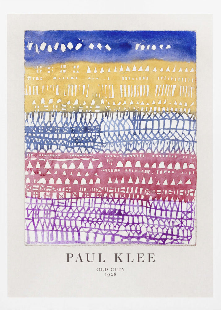 A framed art print of Paul Klee's 1928 watercolor painting 'Old City.' The abstract piece features horizontal bands of color, from top to bottom: a dark blue sky, a yellow section with building-like patterns, and layers of intricate lattice-like designs in blue, magenta, and purple. Artwork