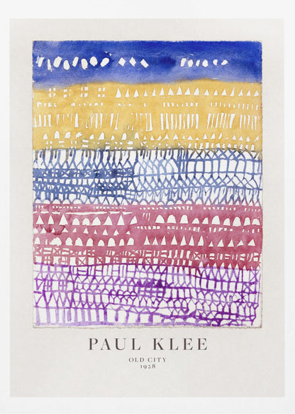A framed art print of Paul Klee's 1928 watercolor painting 'Old City.' The abstract piece features horizontal bands of color, from top to bottom: a dark blue sky, a yellow section with building-like patterns, and layers of intricate lattice-like designs in blue, magenta, and purple. Artwork