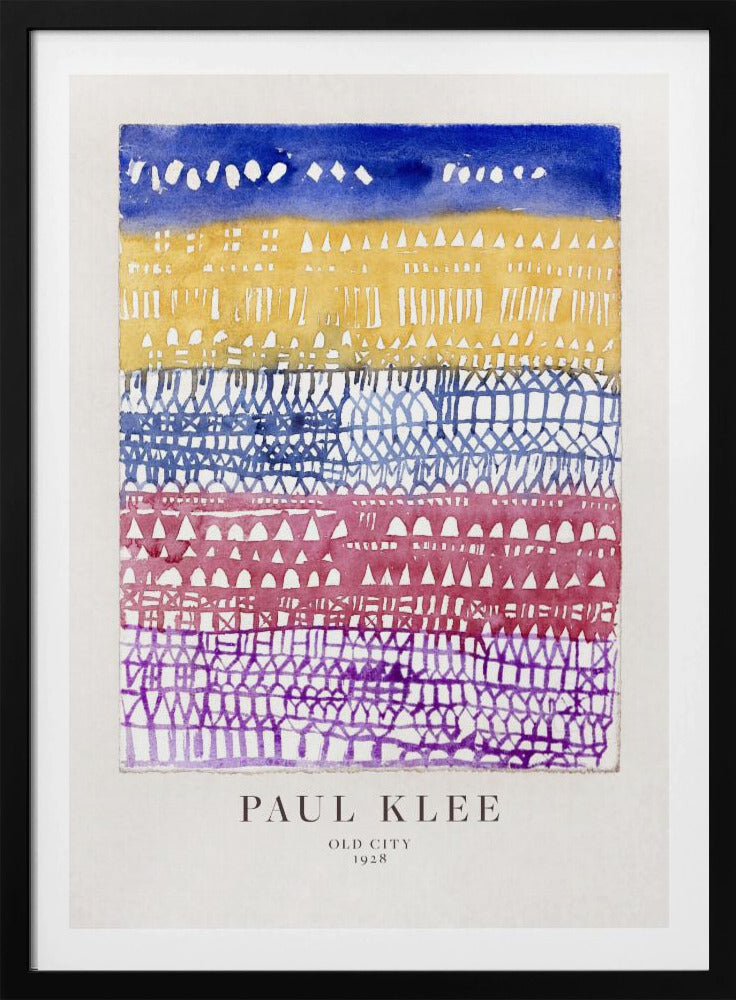 A framed art print of Paul Klee's 1928 watercolor painting 'Old City.' The abstract piece features horizontal bands of color, from top to bottom: a dark blue sky, a yellow section with building-like patterns, and layers of intricate lattice-like designs in blue, magenta, and purple. Artwork