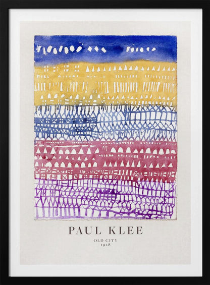 A framed art print of Paul Klee's 1928 watercolor painting 'Old City.' The abstract piece features horizontal bands of color, from top to bottom: a dark blue sky, a yellow section with building-like patterns, and layers of intricate lattice-like designs in blue, magenta, and purple. Artwork
