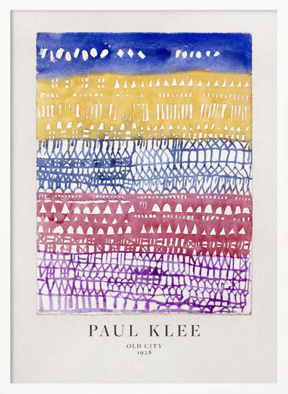 A framed art print of Paul Klee's 1928 watercolor painting 'Old City.' The abstract piece features horizontal bands of color, from top to bottom: a dark blue sky, a yellow section with building-like patterns, and layers of intricate lattice-like designs in blue, magenta, and purple. Artwork