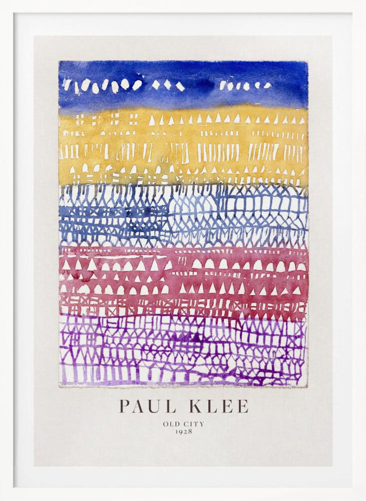 A framed art print of Paul Klee's 1928 watercolor painting 'Old City.' The abstract piece features horizontal bands of color, from top to bottom: a dark blue sky, a yellow section with building-like patterns, and layers of intricate lattice-like designs in blue, magenta, and purple. Artwork