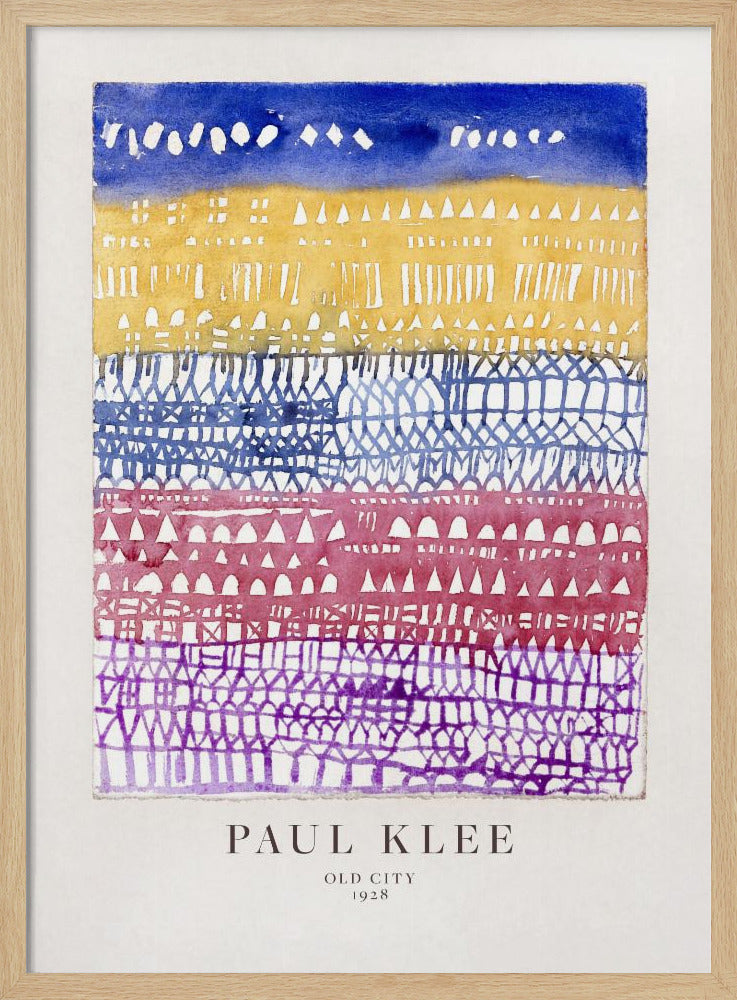 A framed art print of Paul Klee's 1928 watercolor painting 'Old City.' The abstract piece features horizontal bands of color, from top to bottom: a dark blue sky, a yellow section with building-like patterns, and layers of intricate lattice-like designs in blue, magenta, and purple. Artwork