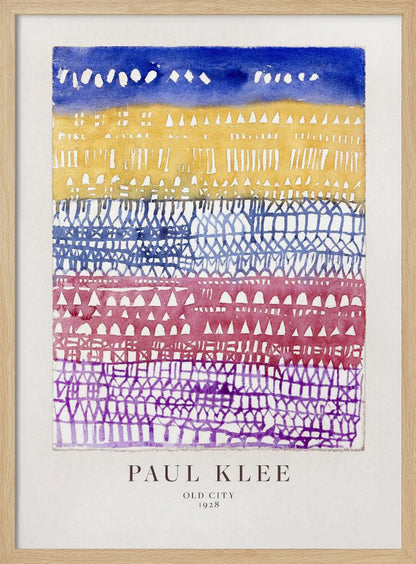 A framed art print of Paul Klee's 1928 watercolor painting 'Old City.' The abstract piece features horizontal bands of color, from top to bottom: a dark blue sky, a yellow section with building-like patterns, and layers of intricate lattice-like designs in blue, magenta, and purple. Artwork