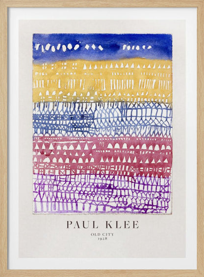A framed art print of Paul Klee's 1928 watercolor painting 'Old City.' The abstract piece features horizontal bands of color, from top to bottom: a dark blue sky, a yellow section with building-like patterns, and layers of intricate lattice-like designs in blue, magenta, and purple. Artwork