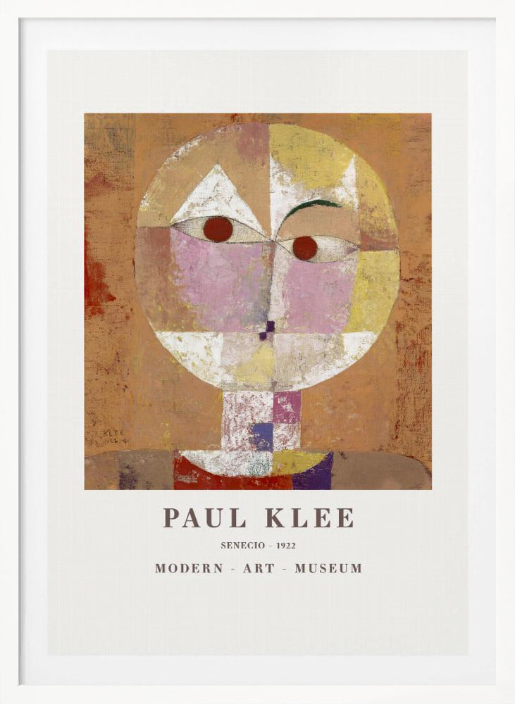 A framed museum poster of Paul Klee's 1922 painting 'Senecio'. The artwork is an abstract, geometric portrait of a human head in warm tones of orange, yellow, pink, and red against a textured brown background. The text 'PAUL KLEE', 'SENECIO - 1922', and 'MODERN - ART - MUSEUM' is printed below the image. Print