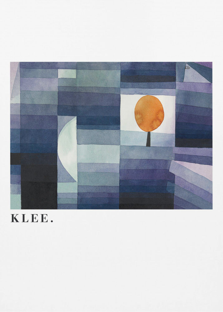 A framed art print of a Paul Klee painting featuring a geometric composition of rectangles in various shades of blue and purple. A single, stylized orange tree with a round top stands out against a white square. The artist's name, 'KLEE.', is printed in the lower left corner on the white mat. Decor