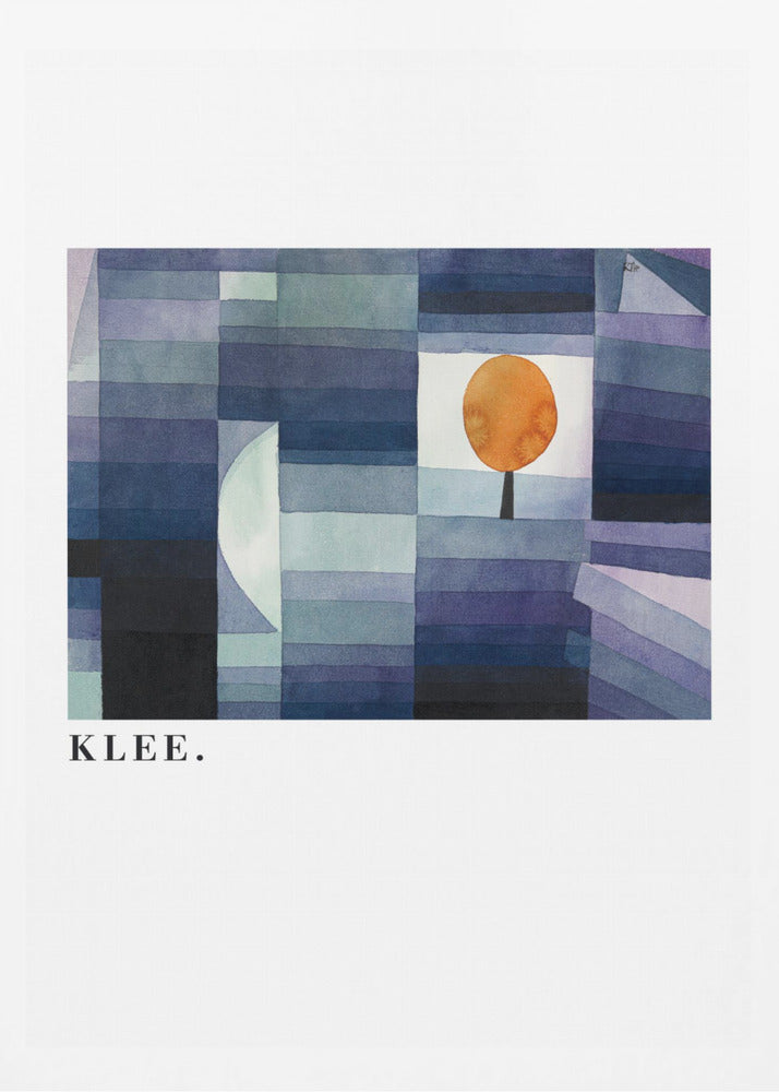 A framed art print of a Paul Klee painting featuring a geometric composition of rectangles in various shades of blue and purple. A single, stylized orange tree with a round top stands out against a white square. The artist's name, 'KLEE.', is printed in the lower left corner on the white mat. Decor