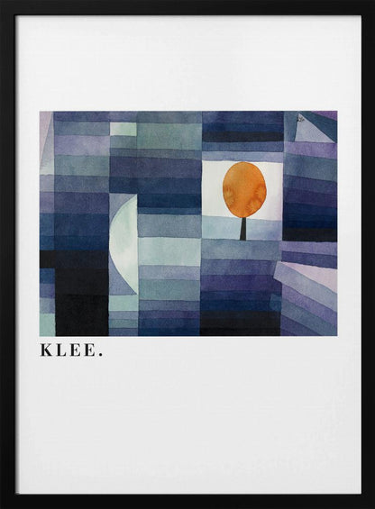 A framed art print of a Paul Klee painting featuring a geometric composition of rectangles in various shades of blue and purple. A single, stylized orange tree with a round top stands out against a white square. The artist's name, 'KLEE.', is printed in the lower left corner on the white mat. Decor