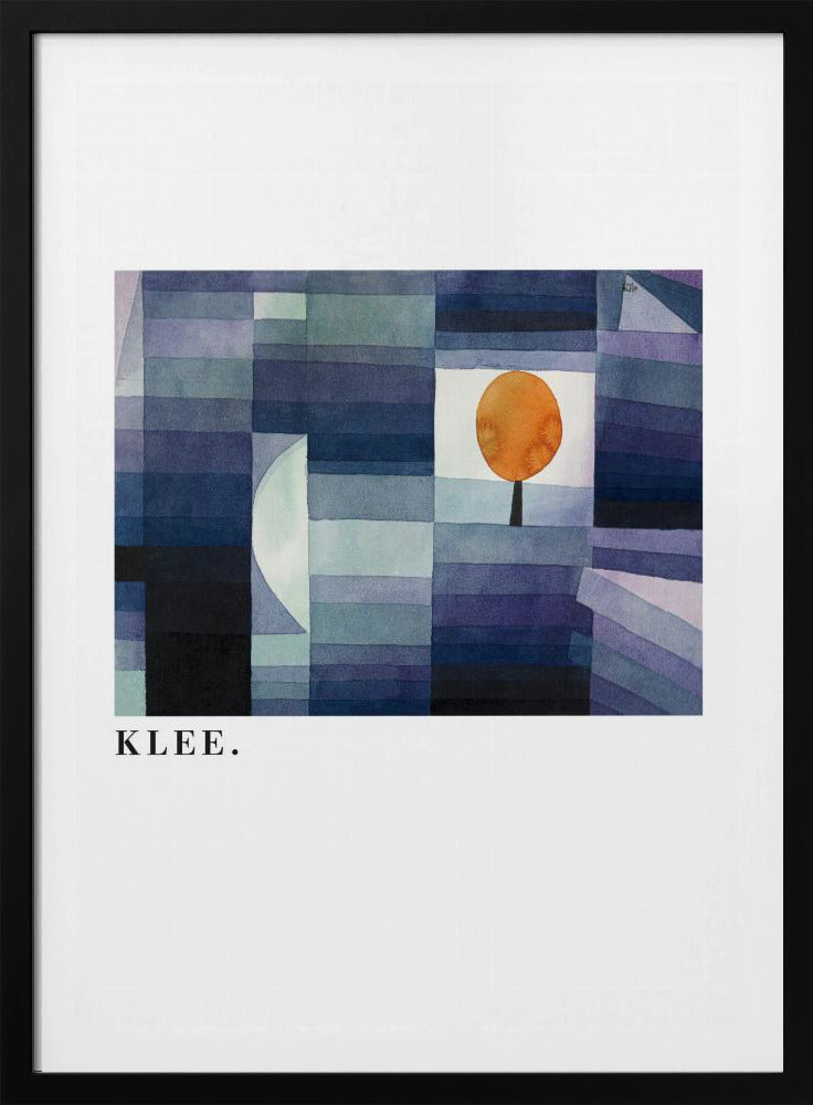 A framed art print of a Paul Klee painting featuring a geometric composition of rectangles in various shades of blue and purple. A single, stylized orange tree with a round top stands out against a white square. The artist's name, 'KLEE.', is printed in the lower left corner on the white mat. Decor