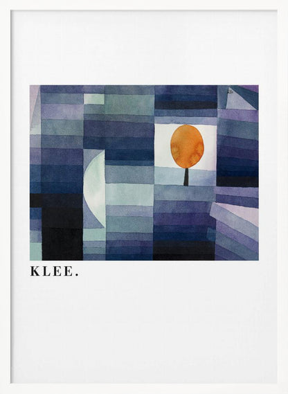 A framed art print of a Paul Klee painting featuring a geometric composition of rectangles in various shades of blue and purple. A single, stylized orange tree with a round top stands out against a white square. The artist's name, 'KLEE.', is printed in the lower left corner on the white mat. Decor