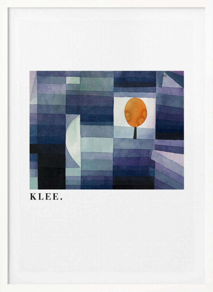 A framed art print of a Paul Klee painting featuring a geometric composition of rectangles in various shades of blue and purple. A single, stylized orange tree with a round top stands out against a white square. The artist's name, 'KLEE.', is printed in the lower left corner on the white mat. Decor
