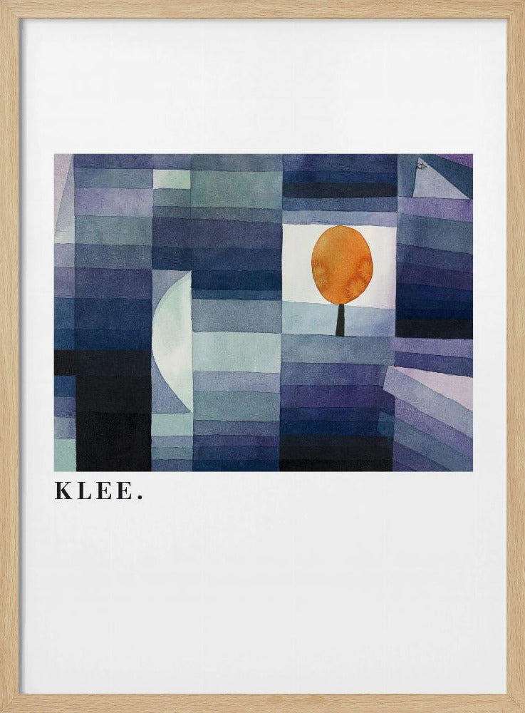 A framed art print of a Paul Klee painting featuring a geometric composition of rectangles in various shades of blue and purple. A single, stylized orange tree with a round top stands out against a white square. The artist's name, 'KLEE.', is printed in the lower left corner on the white mat. Decor