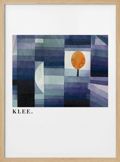 A framed art print of a Paul Klee painting featuring a geometric composition of rectangles in various shades of blue and purple. A single, stylized orange tree with a round top stands out against a white square. The artist's name, 'KLEE.', is printed in the lower left corner on the white mat. Decor