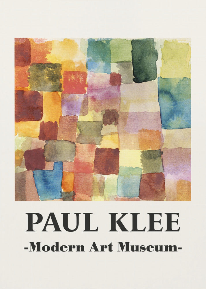 A framed museum poster for a Paul Klee exhibition at the Modern Art Museum. The poster features an abstract watercolor painting composed of a grid of colorful, overlapping squares and rectangles in shades of red, orange, yellow, green, and blue. Decor
