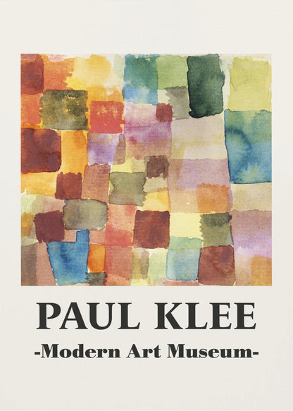 A framed museum poster for a Paul Klee exhibition at the Modern Art Museum. The poster features an abstract watercolor painting composed of a grid of colorful, overlapping squares and rectangles in shades of red, orange, yellow, green, and blue. Decor