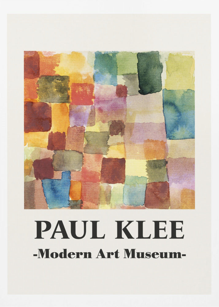 A framed museum poster for a Paul Klee exhibition at the Modern Art Museum. The poster features an abstract watercolor painting composed of a grid of colorful, overlapping squares and rectangles in shades of red, orange, yellow, green, and blue. Decor