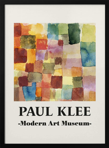 A framed museum poster for a Paul Klee exhibition at the Modern Art Museum. The poster features an abstract watercolor painting composed of a grid of colorful, overlapping squares and rectangles in shades of red, orange, yellow, green, and blue. Decor
