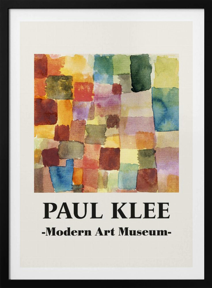 A framed museum poster for a Paul Klee exhibition at the Modern Art Museum. The poster features an abstract watercolor painting composed of a grid of colorful, overlapping squares and rectangles in shades of red, orange, yellow, green, and blue. Decor
