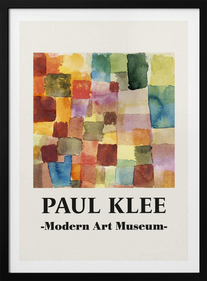 A framed museum poster for a Paul Klee exhibition at the Modern Art Museum. The poster features an abstract watercolor painting composed of a grid of colorful, overlapping squares and rectangles in shades of red, orange, yellow, green, and blue. Decor