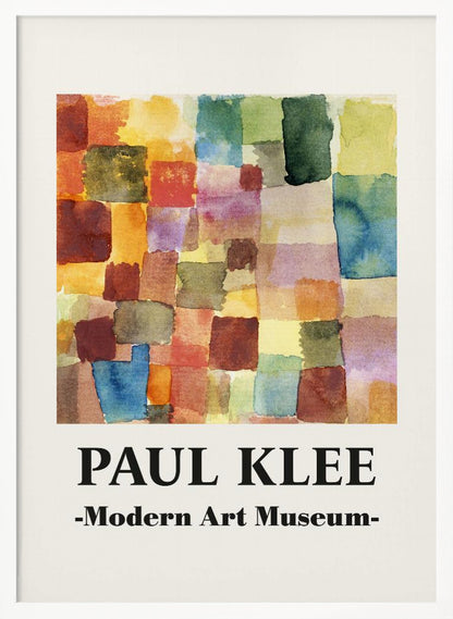 A framed museum poster for a Paul Klee exhibition at the Modern Art Museum. The poster features an abstract watercolor painting composed of a grid of colorful, overlapping squares and rectangles in shades of red, orange, yellow, green, and blue. Decor