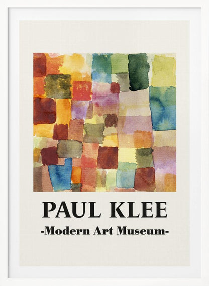 A framed museum poster for a Paul Klee exhibition at the Modern Art Museum. The poster features an abstract watercolor painting composed of a grid of colorful, overlapping squares and rectangles in shades of red, orange, yellow, green, and blue. Decor