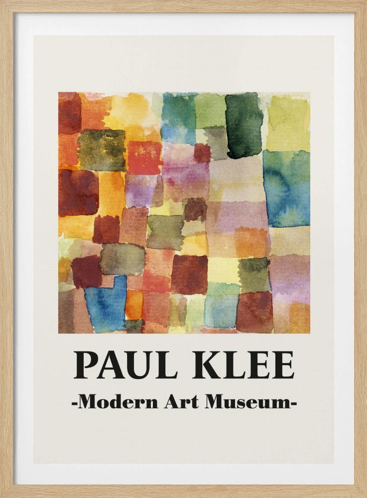 A framed museum poster for a Paul Klee exhibition at the Modern Art Museum. The poster features an abstract watercolor painting composed of a grid of colorful, overlapping squares and rectangles in shades of red, orange, yellow, green, and blue. Decor