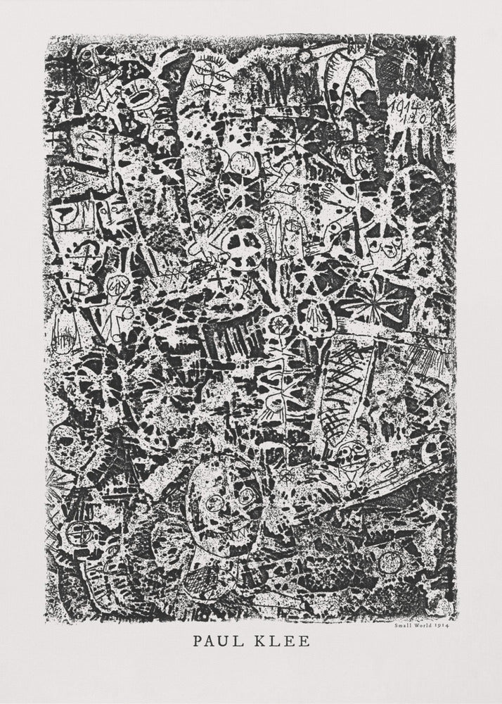 A black and white abstract print by Paul Klee titled 'Small World'. The vertical artwork is a dense, chaotic mix of small, primitive-style figures, faces, and symbols, creating a highly textured and intricate composition. The artist's name is printed below the artwork. Artwork