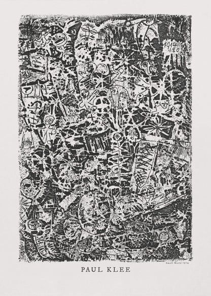 A black and white abstract print by Paul Klee titled 'Small World'. The vertical artwork is a dense, chaotic mix of small, primitive-style figures, faces, and symbols, creating a highly textured and intricate composition. The artist's name is printed below the artwork. Artwork