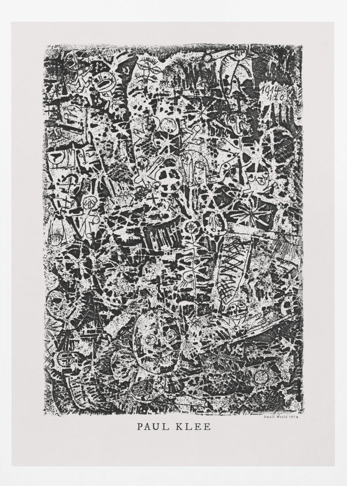 A black and white abstract print by Paul Klee titled 'Small World'. The vertical artwork is a dense, chaotic mix of small, primitive-style figures, faces, and symbols, creating a highly textured and intricate composition. The artist's name is printed below the artwork. Artwork