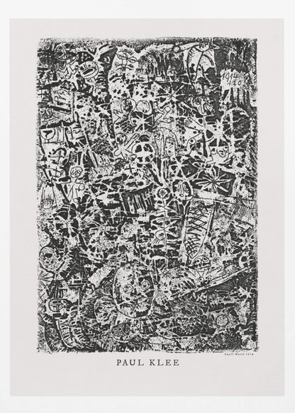 A black and white abstract print by Paul Klee titled 'Small World'. The vertical artwork is a dense, chaotic mix of small, primitive-style figures, faces, and symbols, creating a highly textured and intricate composition. The artist's name is printed below the artwork. Artwork