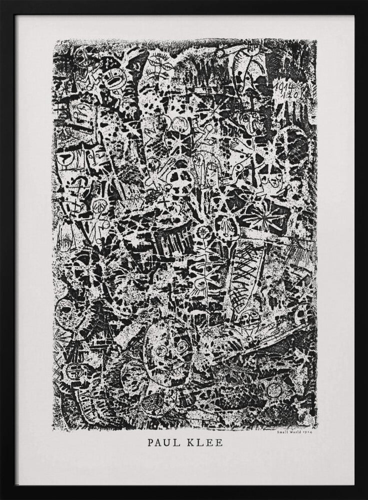 A black and white abstract print by Paul Klee titled 'Small World'. The vertical artwork is a dense, chaotic mix of small, primitive-style figures, faces, and symbols, creating a highly textured and intricate composition. The artist's name is printed below the artwork. Artwork