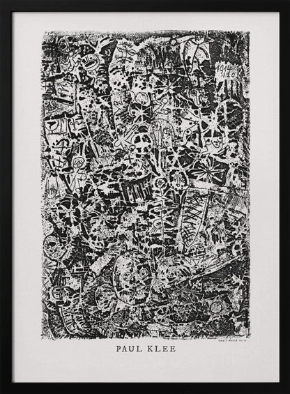 A black and white abstract print by Paul Klee titled 'Small World'. The vertical artwork is a dense, chaotic mix of small, primitive-style figures, faces, and symbols, creating a highly textured and intricate composition. The artist's name is printed below the artwork. Artwork